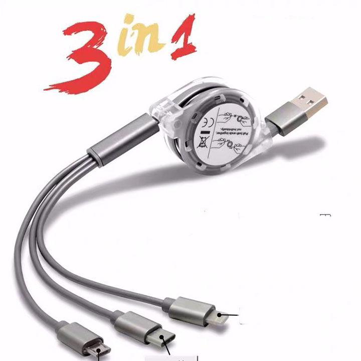Cáp Sạc 3 Đầu Dây Rút Tiện Lợi 3 in 1 - micro - type c - lightning