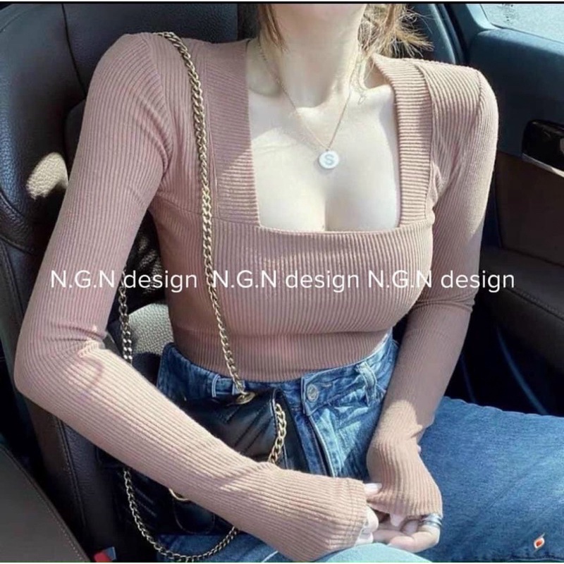 Áo len tăm cổ vuông croptop dài tay