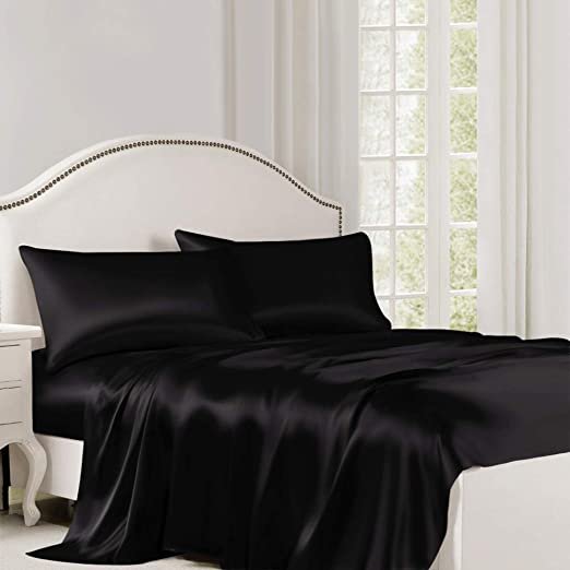 ( Lụa Loại 1) Bộ 4 Món Ga Gối Phi Lụa Màu Đen Cao Cấp Mềm Mại Lan Pham Bedding