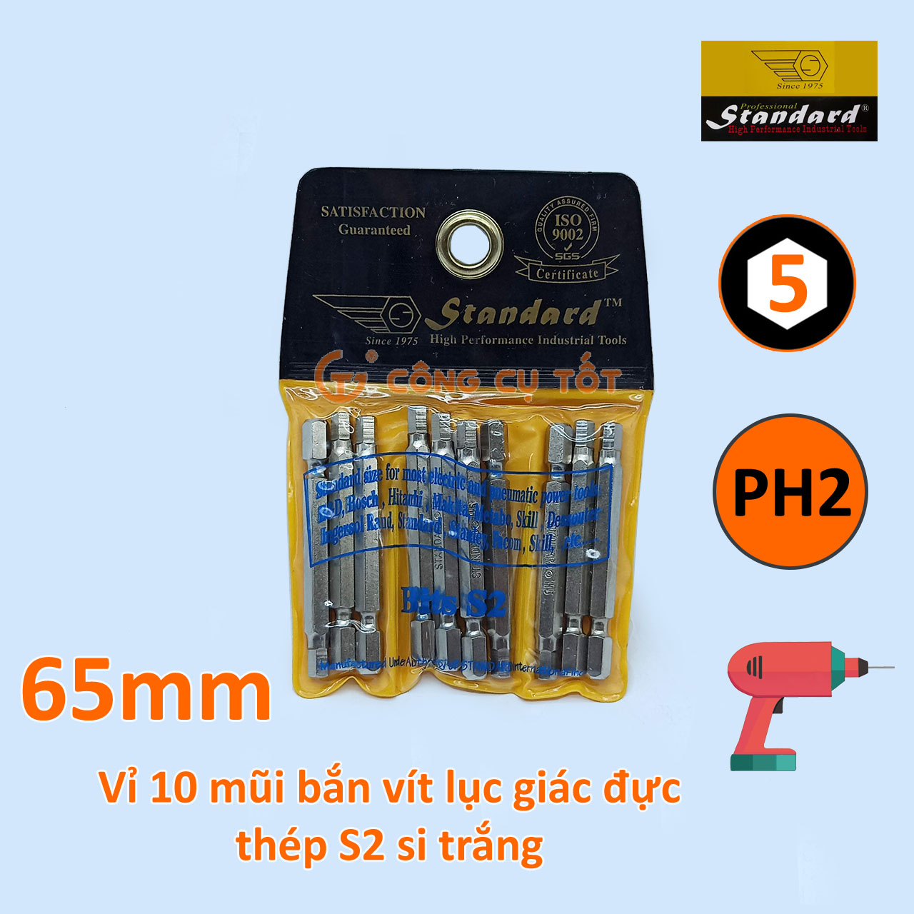 Vỉ 10 Đầu bắt vít lục giác đực Standard dài 65mm