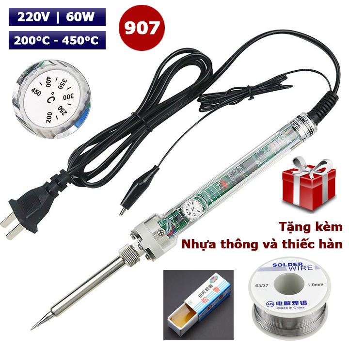 Mỏ hàn thiếc 907 60W có điều chỉnh nhiệt độ tặng kèm thiếc hàn và nhựa thông