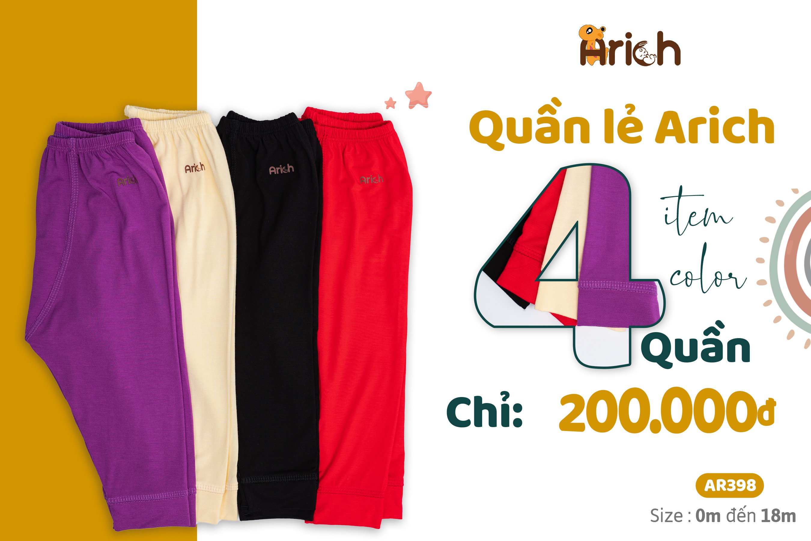 Quần dài lẻ cho bé Arich vải sợi tre mềm mịn. set 4 quần co giãn 4 chiều