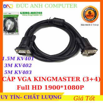 Cáp vga kingmaster kv401 1.5m/3m/5m full hd 1900*1080p hãng phân phối, đen, chạy full màn hình, bảo hành 6 tháng hành
