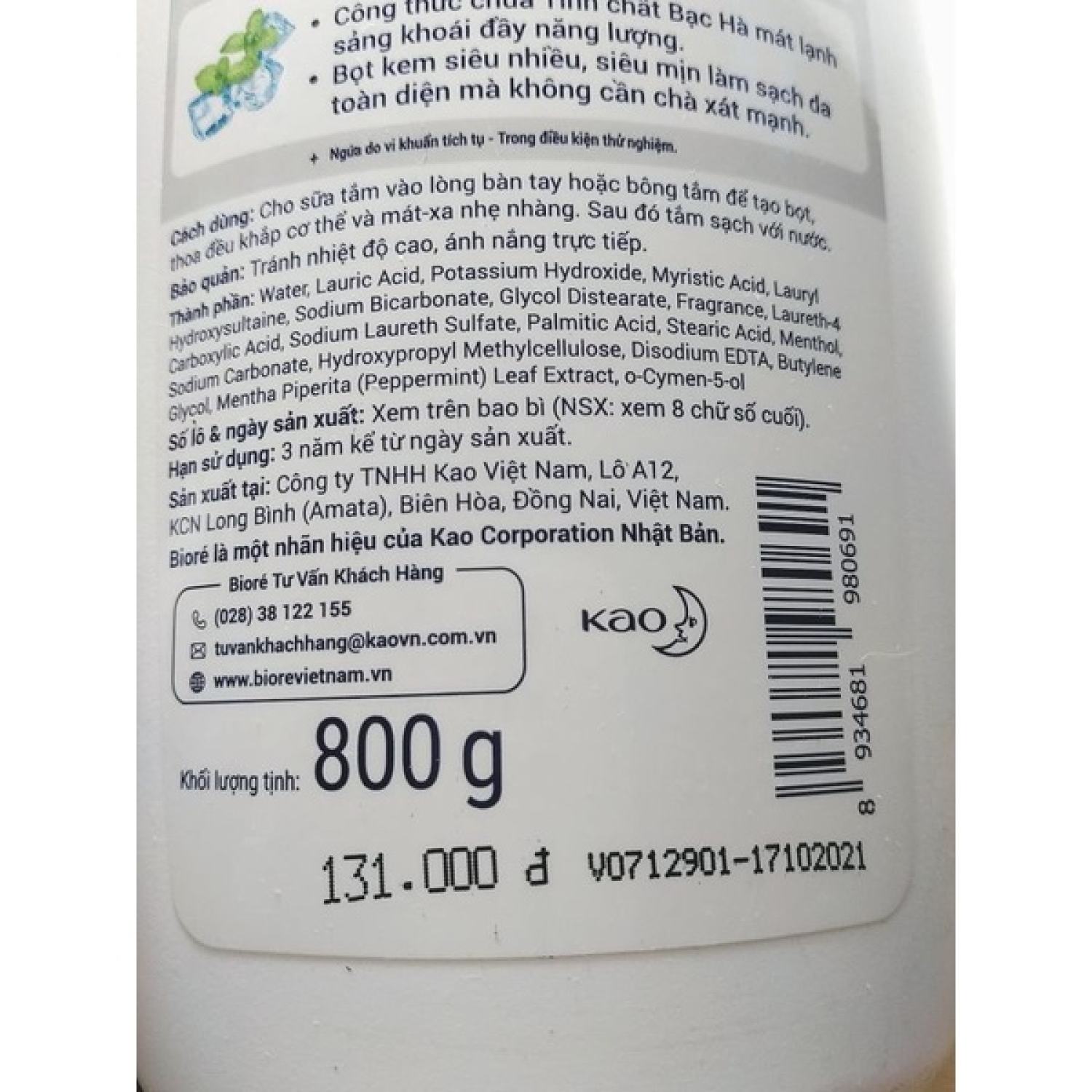 Sữa tắm Biore Bạc Hà 800ml