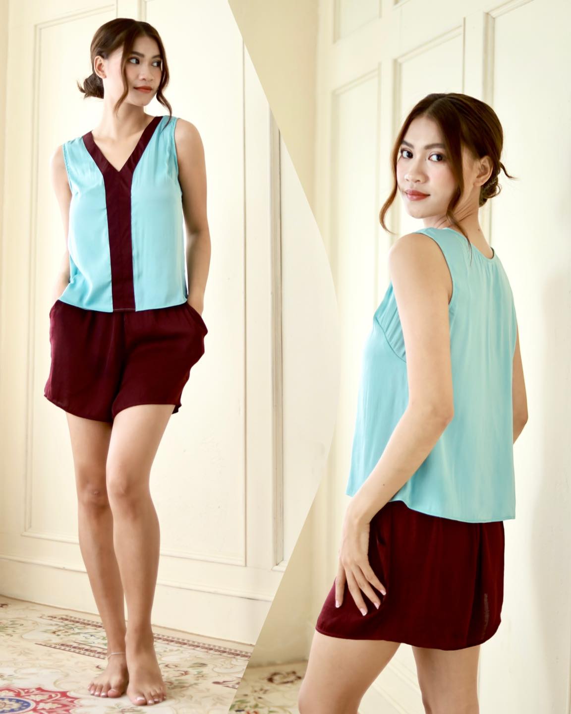 Bộ lụa đùi phối nẹp mặc nhà không tay Infashion