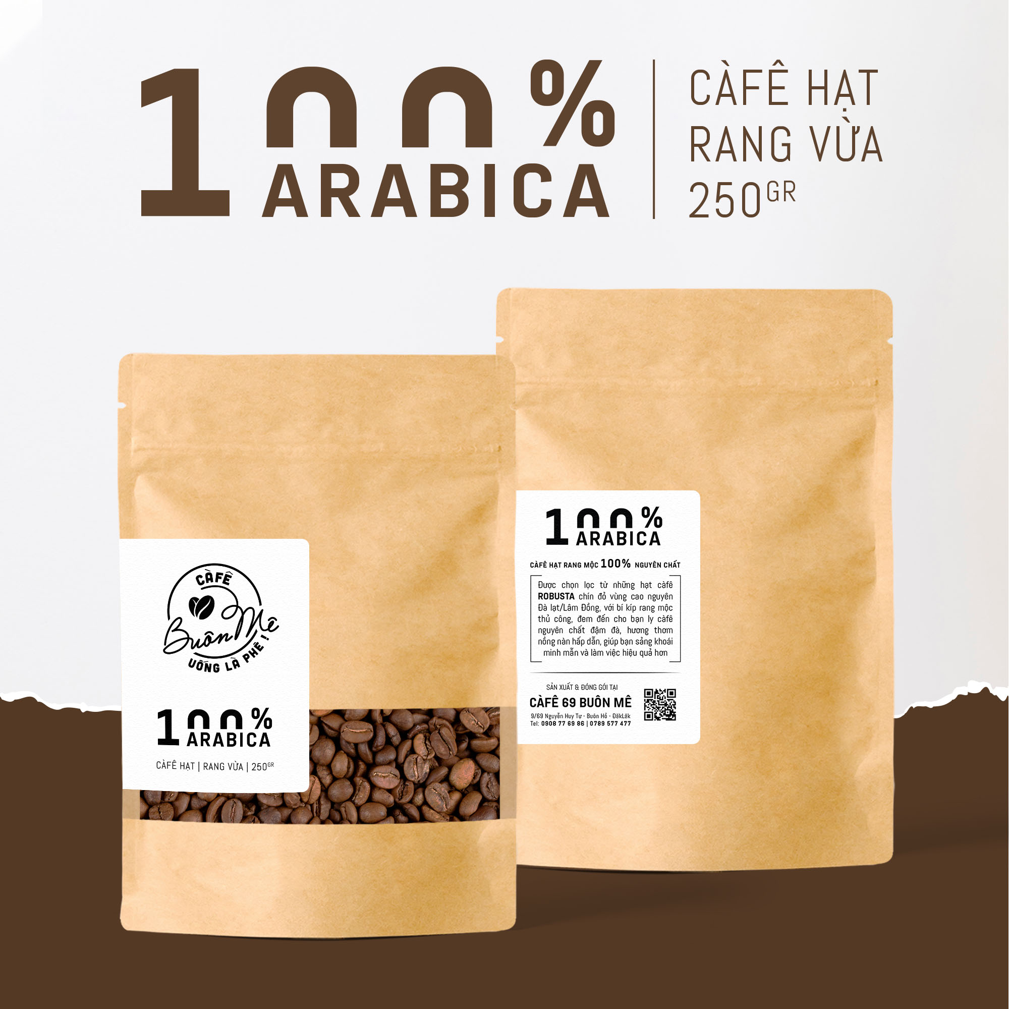 Cà phê hạt arabica rang mộc 69 buôn mê nguyên chất 100% gói 250g/500g
