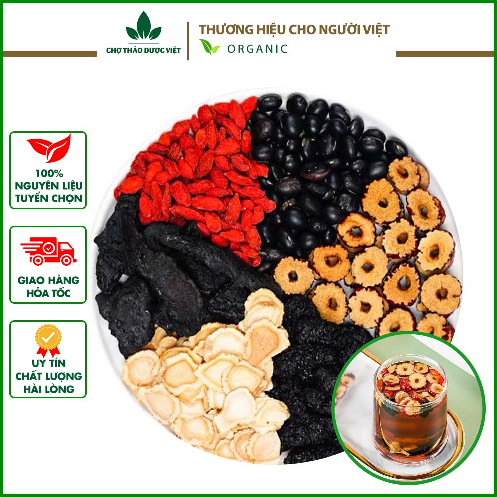 Trà ngọc nữ 5 set mix, dâu tằm 10g, đậu đen 10g, tây dương sâm 5g, thục địa 12g, kỳ tử 10g, táo đỏ 20g