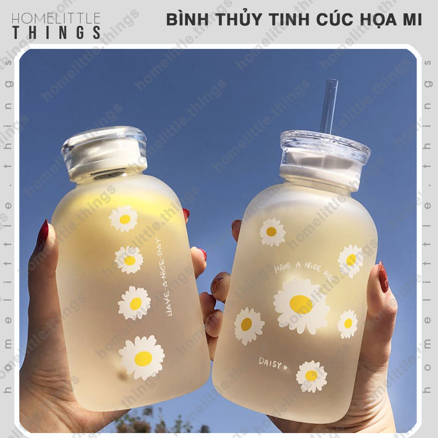 Bình, ly thủy tinh đựng nước in hình cúc họa mi