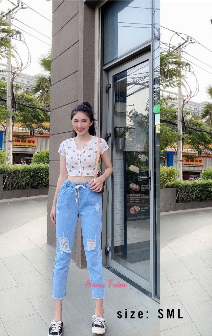 Quần baggy jean nữ dáng lỡ lưng thun mẫu rách suông lai tua