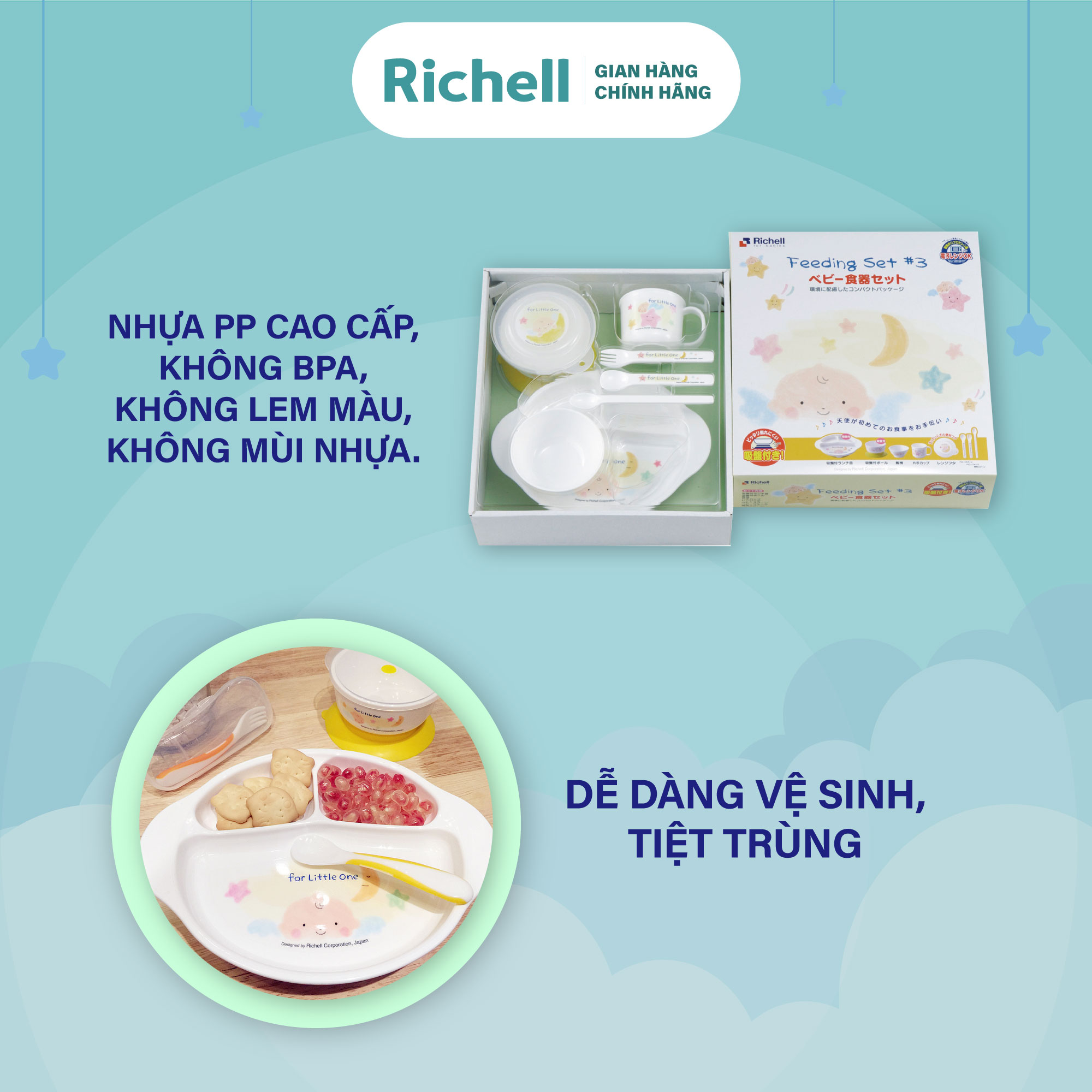 Bộ ăn dặm 9 món RICHELL có 2 đế hít chống đổ | Baby