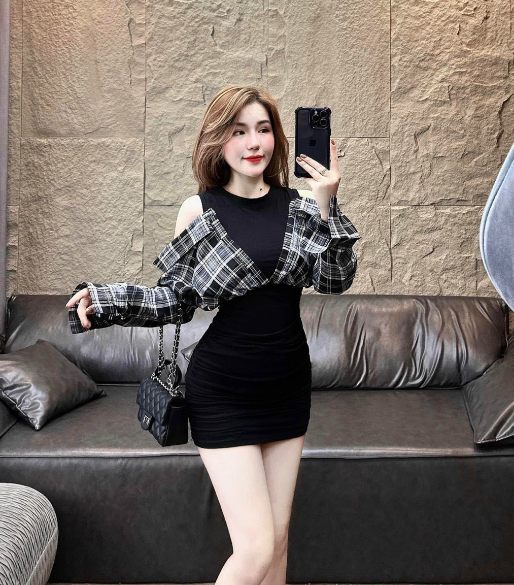 Đầm thun gân ôm body nữ phối sọc kate thiết kế điệu đà khoét vai siêu xinh, Đầm body nữ cổ tròn, Váy đầm nữ dáng ôm body phối sơ mi tay dài cá tính