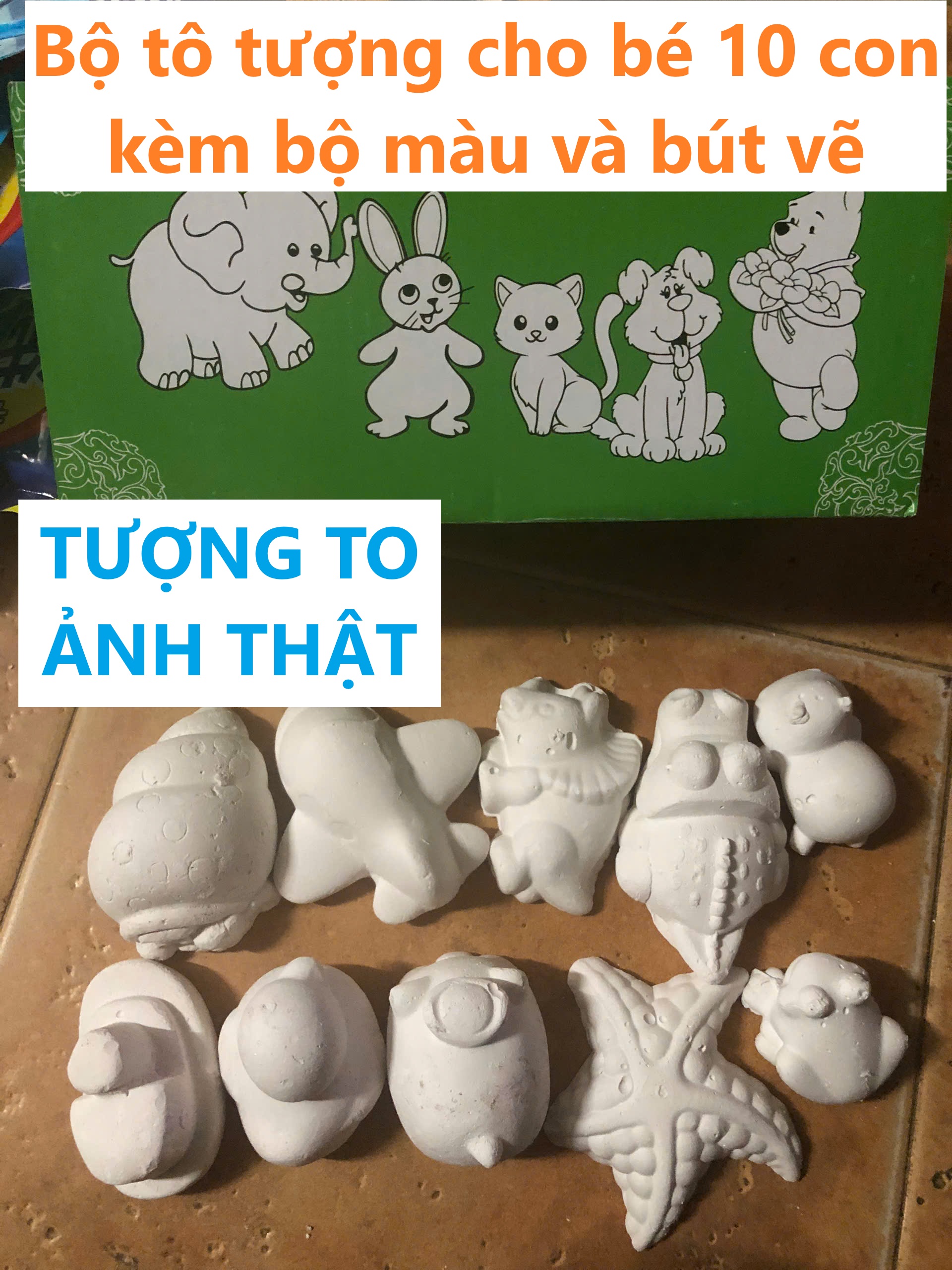 (TƯỢNG TO) Bộ tô tượng cho bé,(Gồm 10 tượng, bút và màu vẽ).TKVT4