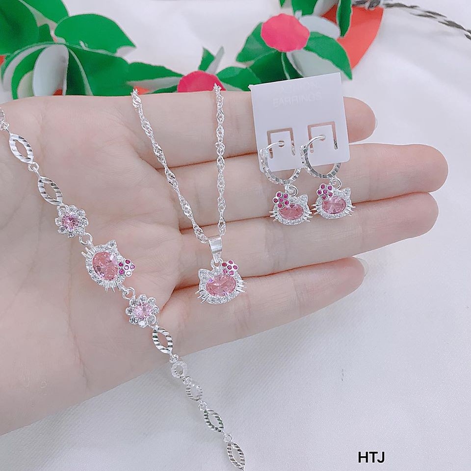 Dây chuyền và bông tai bạc kitty trẻ em
