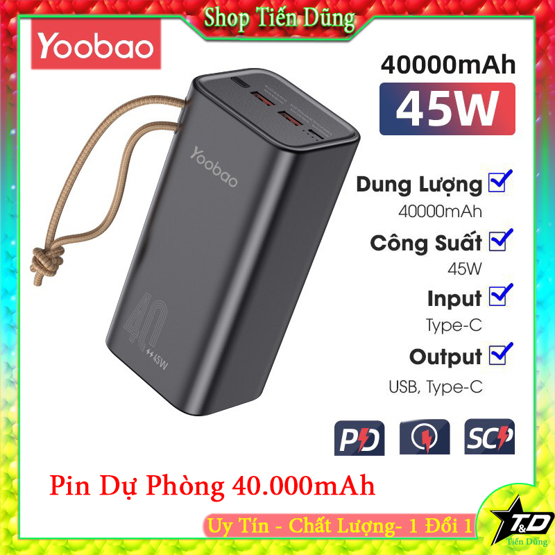 Pin sạc dự phòng Yoobao H40 , dung lượng 40000mAh , công suất 45W sạc nhanh cho điện thoại , macbook