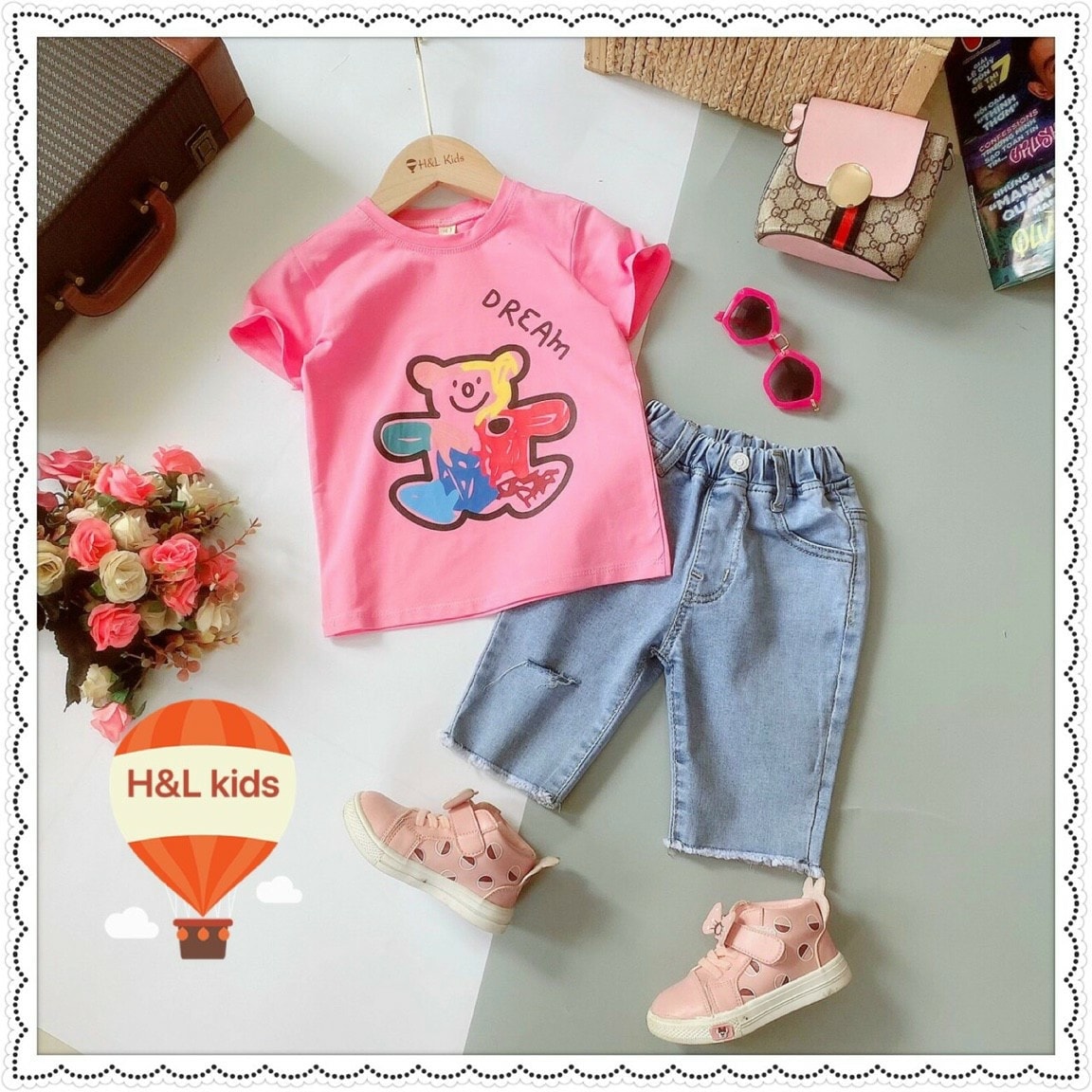 SÉT ÁO THUN GẤU PHỐI QUẦN LỬNG JEAN