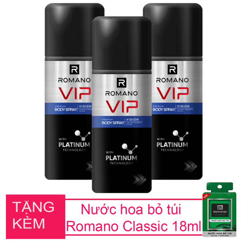 Bộ 3 chai xịt khử mùi toàn thân Romano Vip Vision 150ml+Tặng kèm nước hoa bỏ túi Romano 18ml giá rẻ