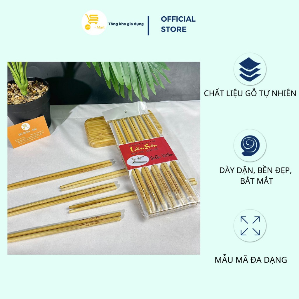 Vỉ 10 Đôi Đũa Gắp Thức Ăn, Đũa Ăn Cơm, Tiệc, Đũa Tre Liên Sơn Mẫu Đẹp, Bền Chắc, An Toàn Khi Dùng | MTA-MART