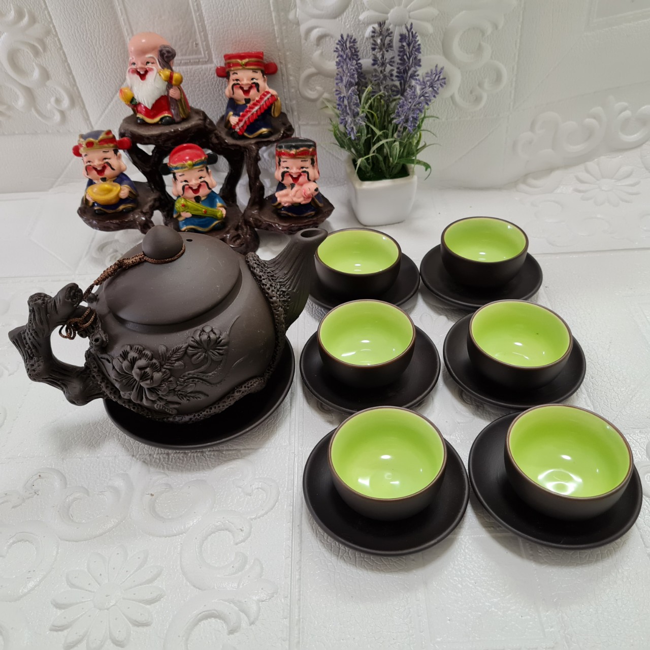 Bộ ấm chén đất nung Bát Tràng hoa phù dung 400ml màu đen