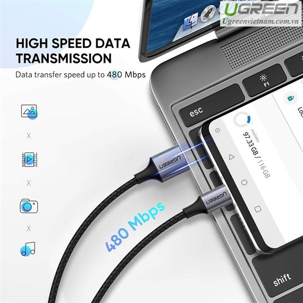 Cáp sạc nhanh USB Type C dài 2m Ugreen 60128 Chính Hãng