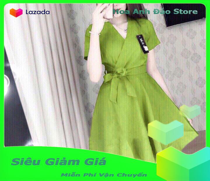 [HCM][ Đầm Đẹp ] Đầm Xòe Cổ Chéo Cột Nơ Eo Thời Trang Hoa Anh Đào