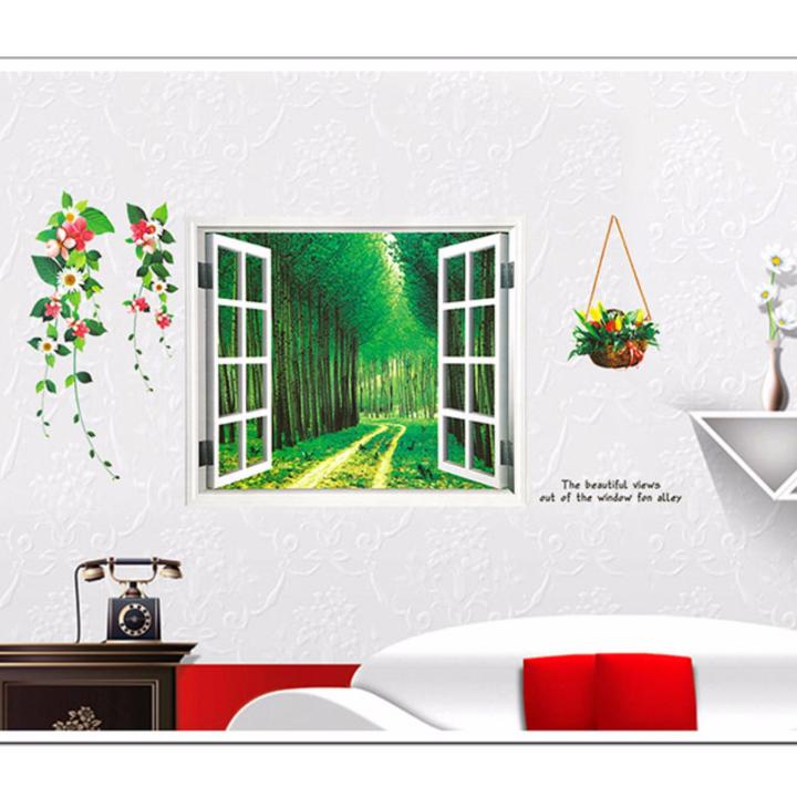 Decal dán tường CỬA SỔ 3D - RỪNG XANH Sticker Tranh Dán Tường - Decal dán tường cây xanh ,Decal dán tường hoa lá