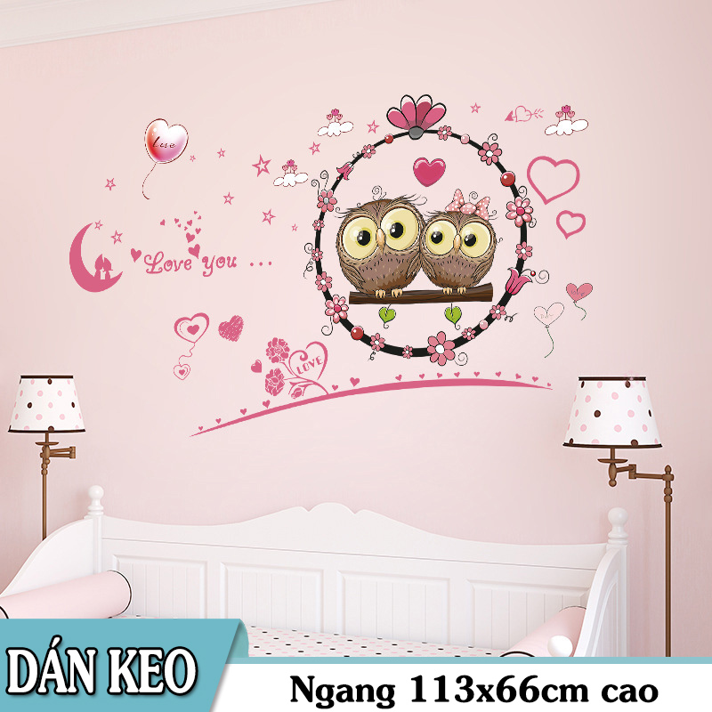 [HCM]Decal trang trí tường - Cặp Đôi Cú Mèo ngọt ngào. Decal in trên chất liệu PVC có keo sẵn ở mặt sau chỉ cần lột ra và dán.