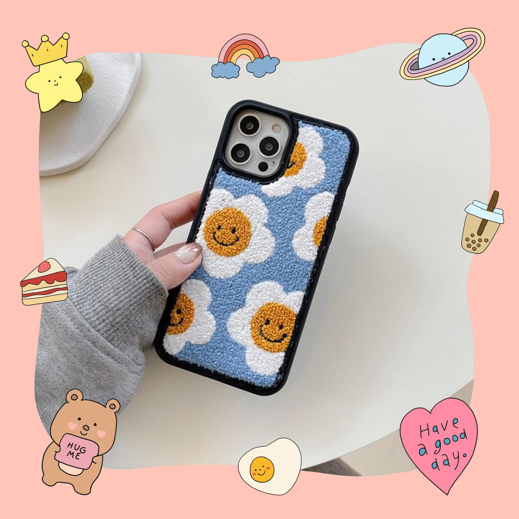 Ốp iphone full viền đen hoa thêu bluedaisy