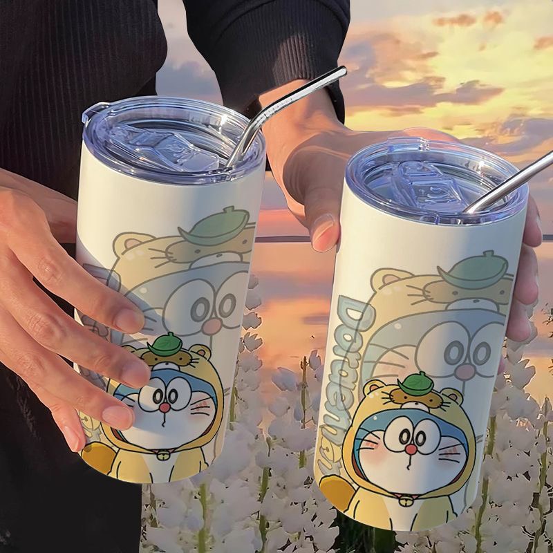 Ly giữ nhiệt Doraemon Gấu dâu Lotso inox 304 an toàn chống gỉ cao cấp, Bình giữ nhiệt inox 304 gấu dâu Doremon tặng kèm ống hút cao cấp