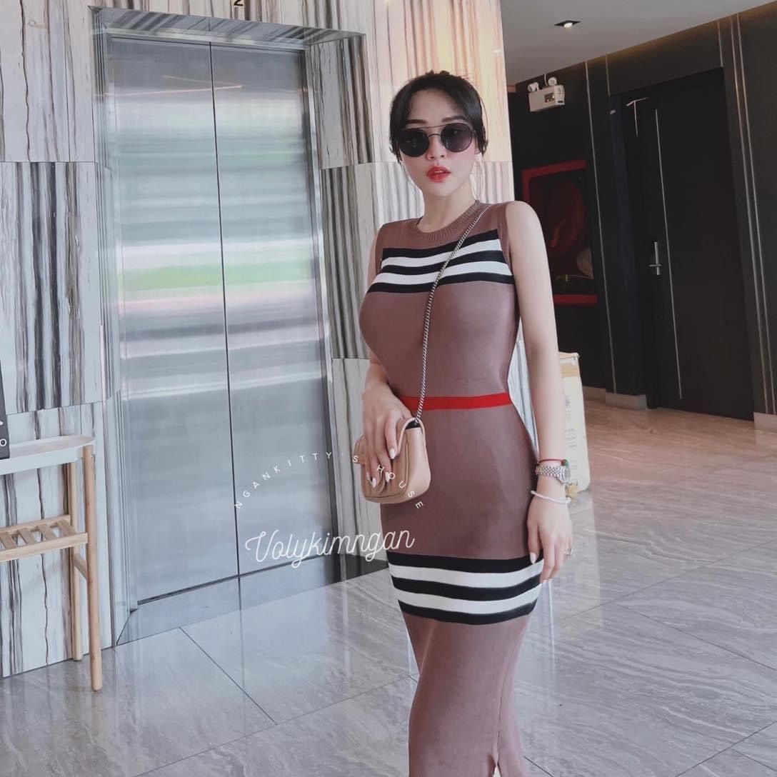 Đầm len thun sọc ngang thổ cẩm ôm body