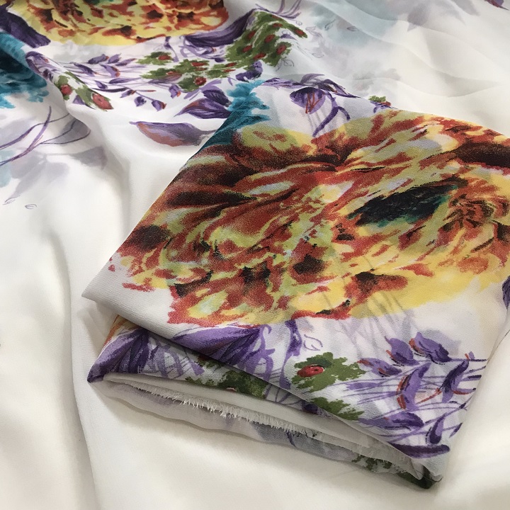 Vải voan chiffon hoa 2 đầu biên khổ 1m5 - chất mỏng rũ, co giãn nhẹ - may áo kiểu, váy đầm cần lót
