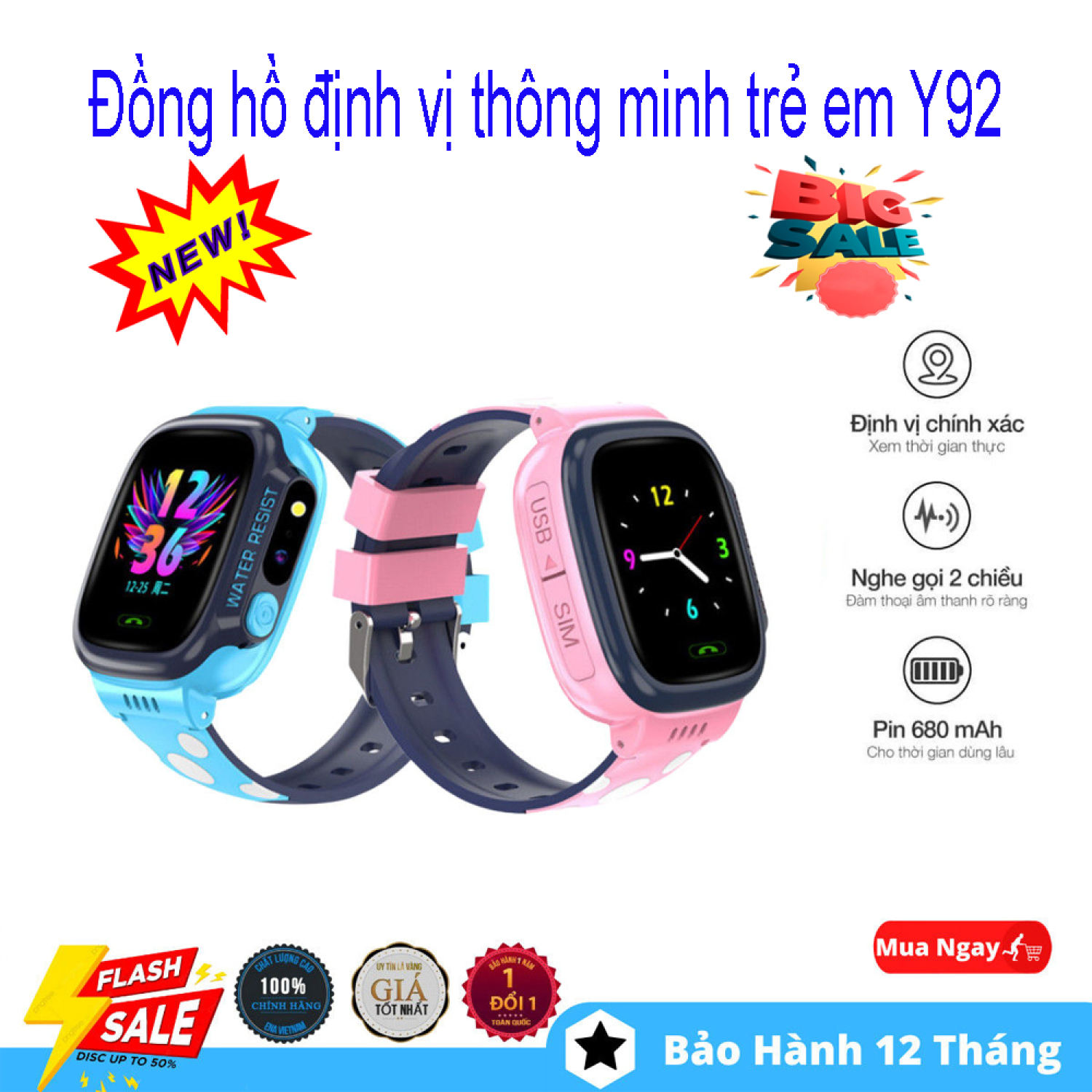 Đồng Hồ Định Vị Trẻ Em Y92 - Đồng Hồ Thông Minh Đeo Tay, Thời Trang