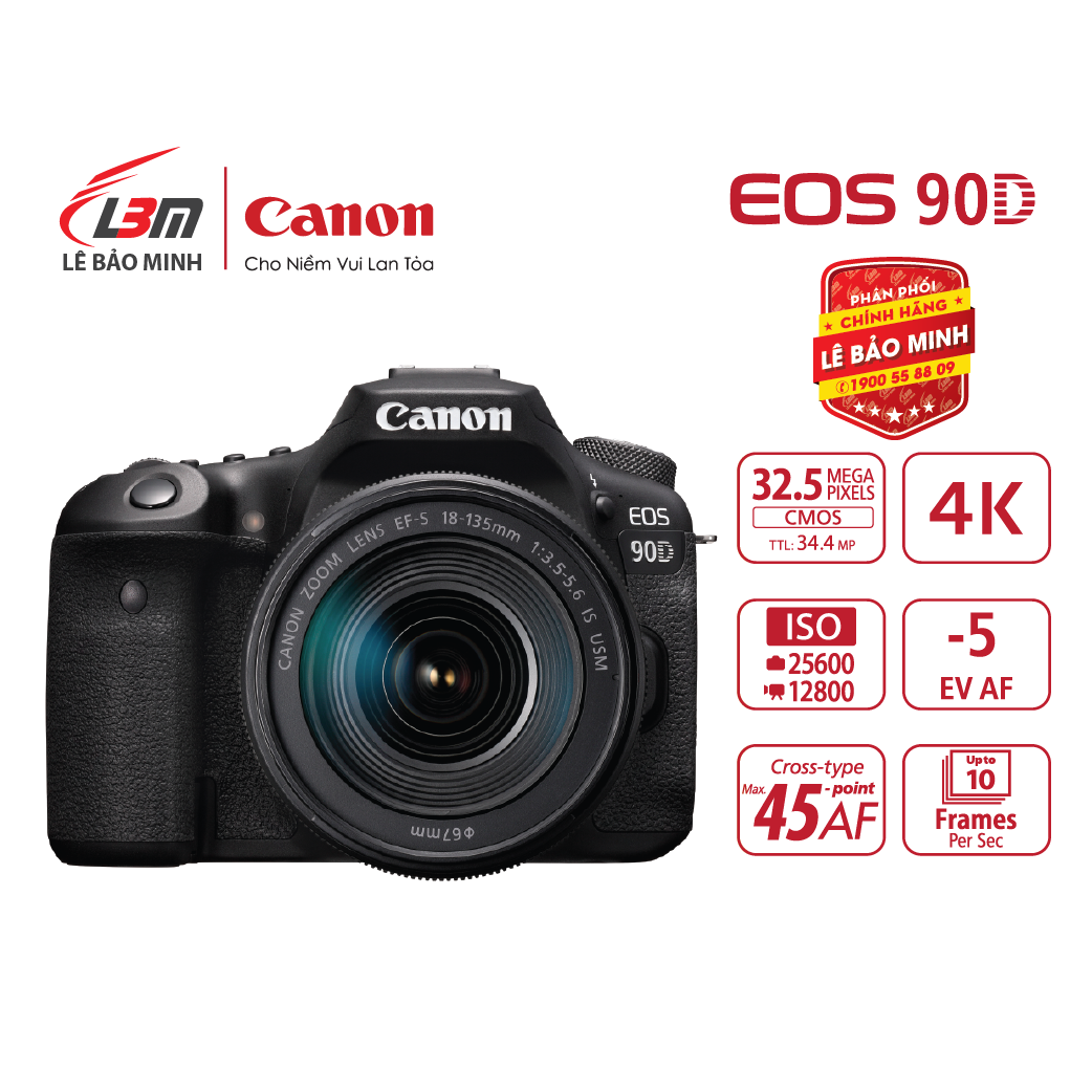 GIFT- Đồng Hồ Máy ảnh Canon EOS 90D kit 18-135mm - Chính Hãng Lê Bảo Minh