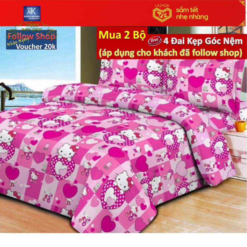 (FreeShip MAX) Bộ ga giường Kitty tim kẻ 180x200cm ( Dành cho nệm cao dưới 12cm)
