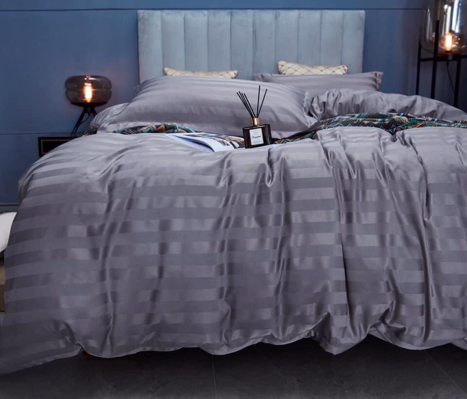 Bộ Chăn Drap Gối COTTON SỌC 3F Màu Xám Đậm Vải Cotton Lụa Bóng Hàng Chuyên Cho Gia Đình Và Khách Sạn Lan Pham Bedding