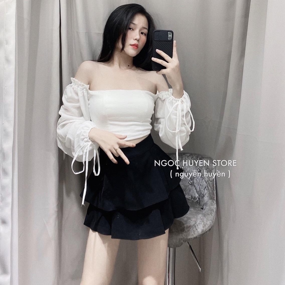 Áo Trễ Vai Tay Phồng, Áo Bẹt Vai Tay Phồng Cột Dây, Áo Bẹt Vai Croptop AD33