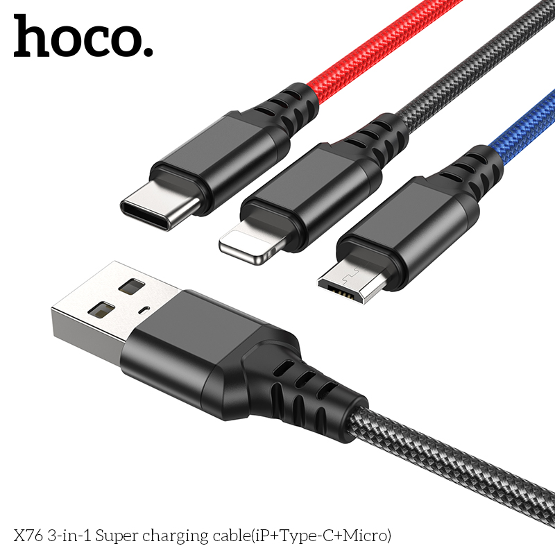 Cáp Sạc Hoco X76 3 Trong 1 2.0A Cổng IP + TypeC + Micro Dây Dài 1m