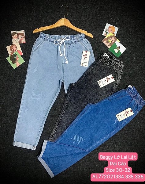 Quần Baggy Jean Nữ Mẫu Cào Xước Lưng Thun Xăn Lai Có Bigsize
