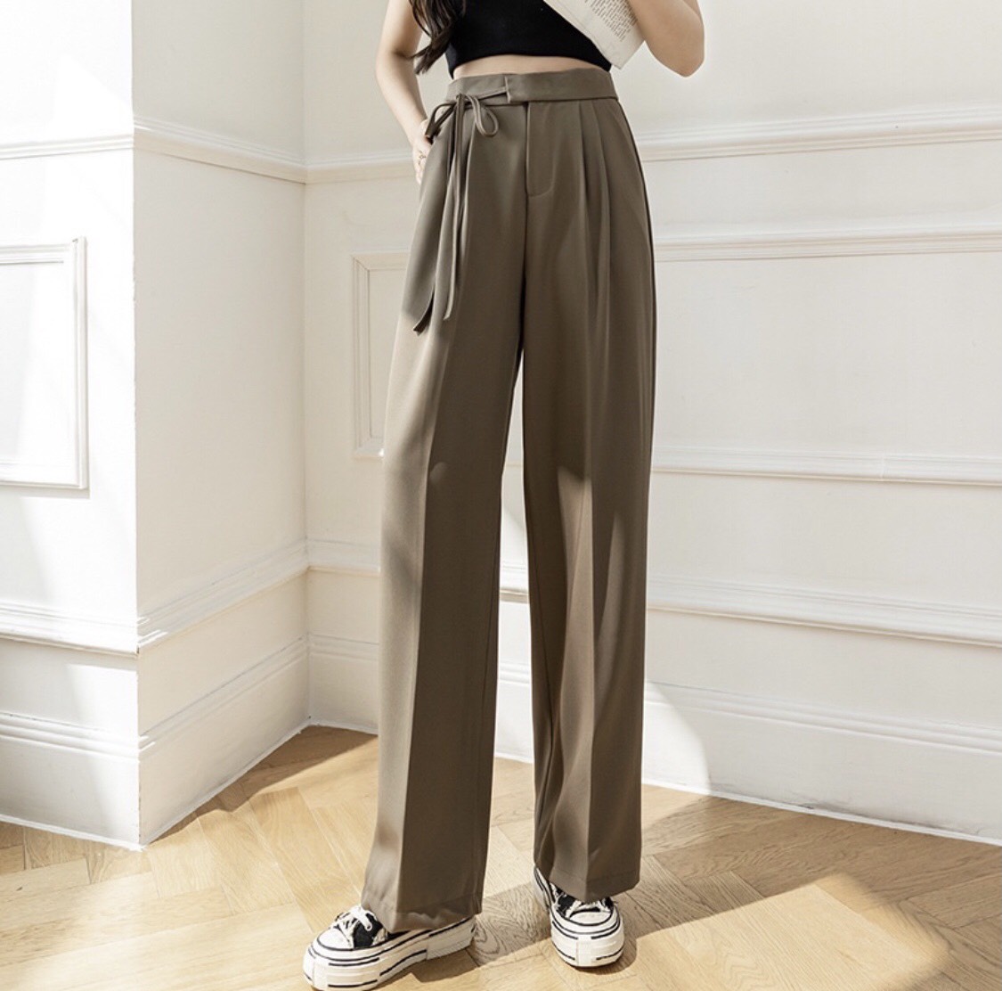 Quần ống rộng nữ lưng cao thắt dây nơ 1 bên culottes chất vải RUBY dài 100cm siêu hot