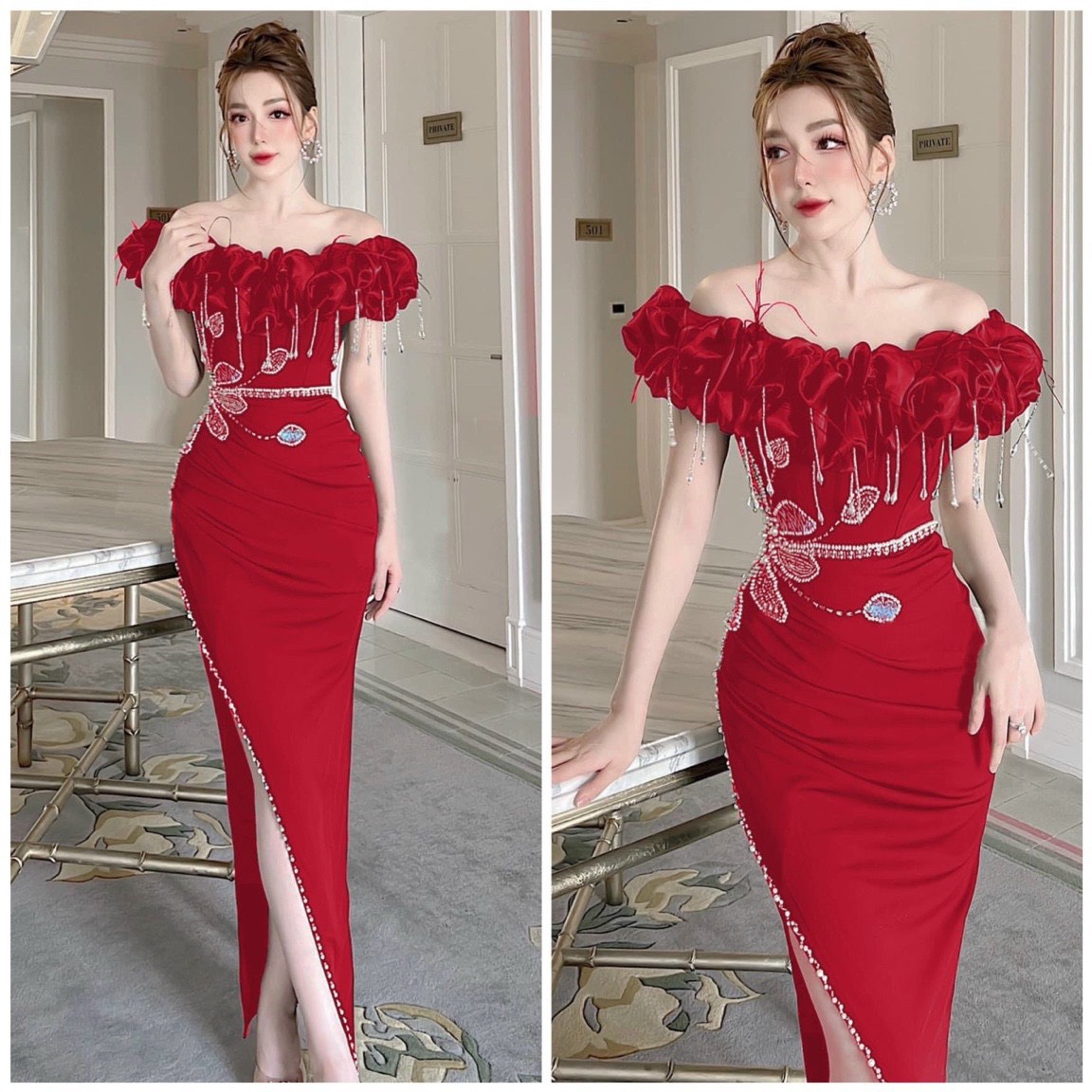 Đầm body dự tiệc tripble t dress bẹt vai voan voan kính kết cườm sang trọng - ms117y