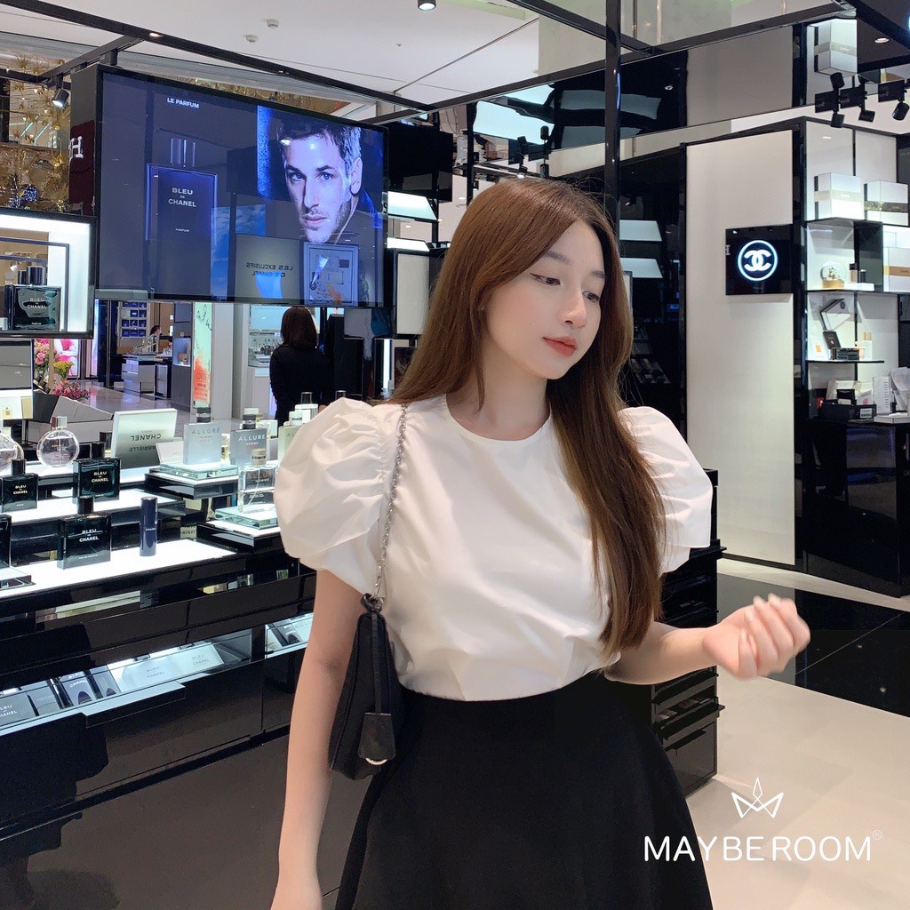 Áo sơ mi cổ tròn Tay bồng Macaron Mayberoom