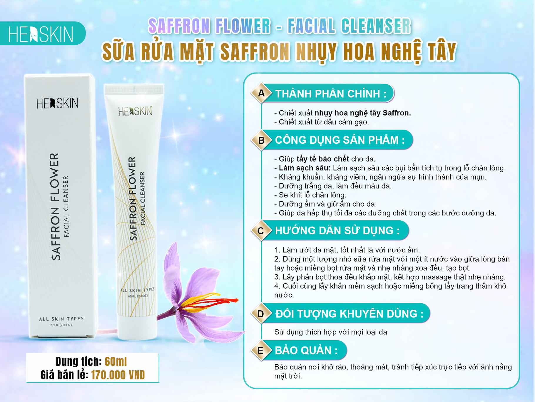 SỮA RỮA MẶT TRẮNG DA HERSKIN  PRINCESS WHITE CHAI 60ML