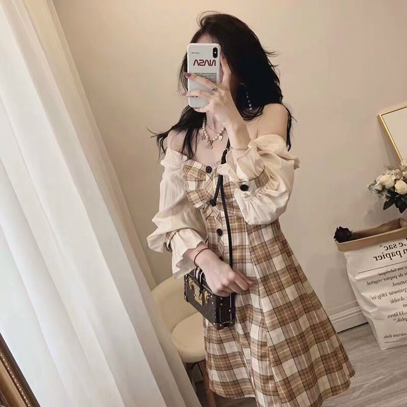 [HCM]Đầm caro trễ vai tay voan dài đính nút #damcarotrevai