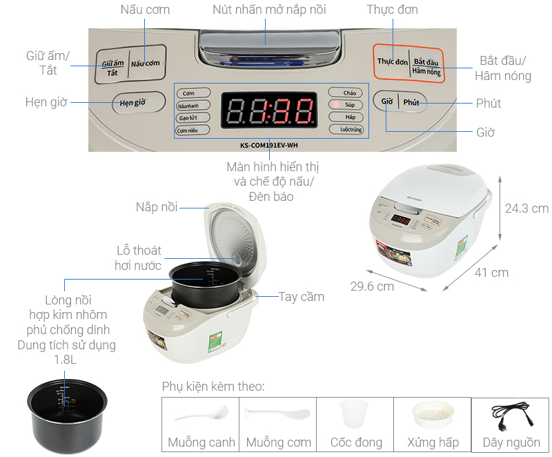 Nồi cơm điện tử Sharp 1.8 lít KS-COM191EV-WH, Chính Hãng 100%, Bảo Hành 12 Tháng