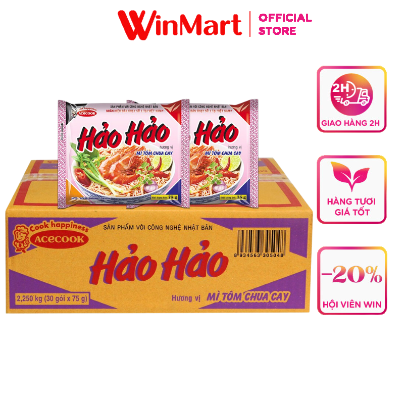 [Siêu thị WinMart] -  Thùng 30 gói mì ăn liền Hảo Hảo vị tôm chua cay Acecook 75g