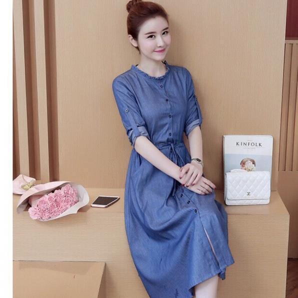 ĐẦM JEAN XOÈ CỔ BÈO TRÒN