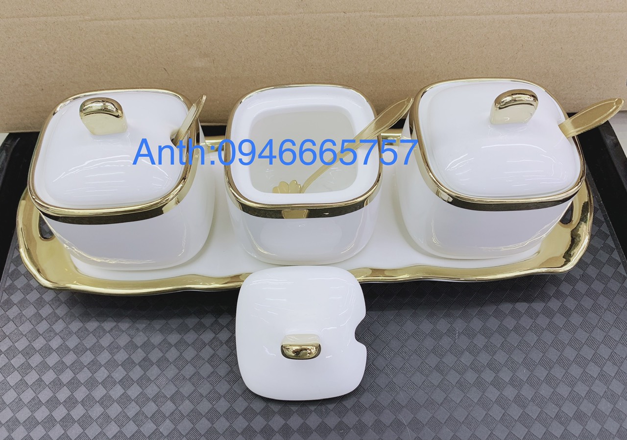 BỘ 3 HŨ ĐỰNG GIA VỊ BẰNG SỨ - TRẮNG