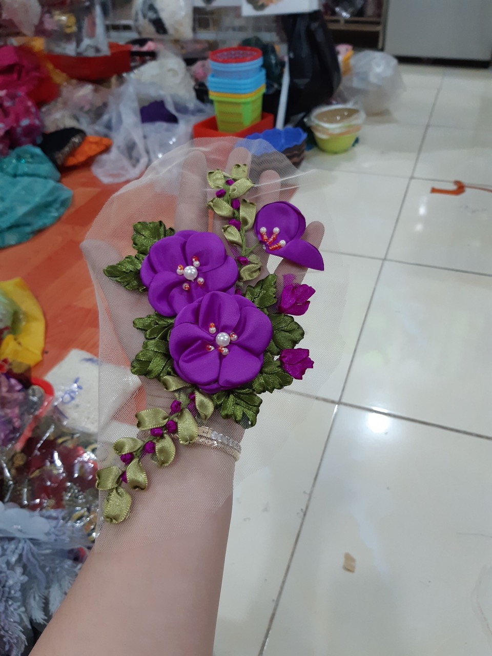 [Ảnh thật] [Có sẵn] hoa thêu ruy băng trà