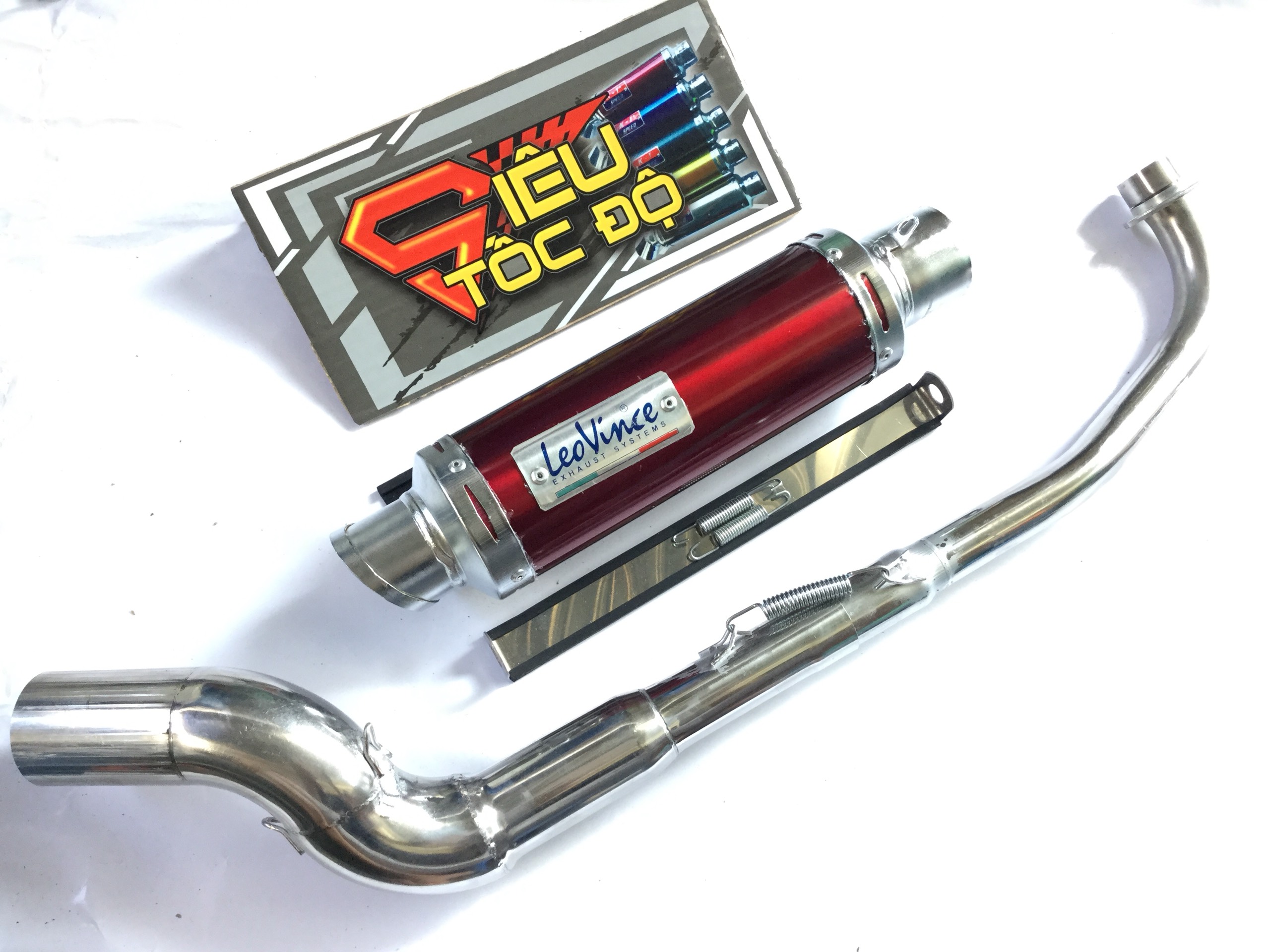 Pô leovince đỏ full pass treo lò xo bao gồm cả cổ cong gắn lon pô độ cho xe wave 50 - 100, cup, dream, 67, axelo, exciter 50cc,....