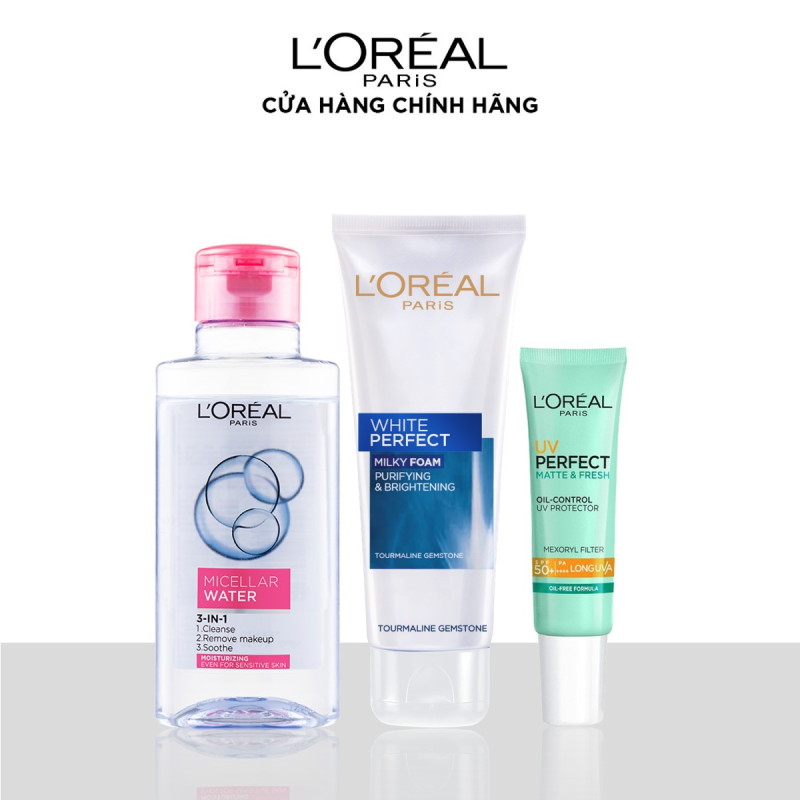 Bộ dùng thử cơ bản LOreal Paris gồm: Micellar Water 95ml Sữa rửa mặt White Perfect 50ml Kem chống nắng bảo vệ kiềm dầu 15ml - Giới hạn 5 sản phẩm/khách hàng giá rẻ