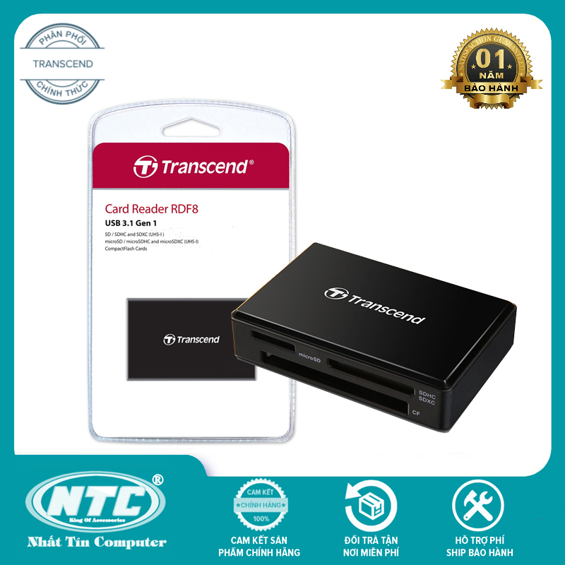 Đầu đọc thẻ 3.1 Transcend RDF8 Multi Card Reader - hỗ trợ 3 khe MicroSD/SD/CF (Đen) - Nhất Tín Computer
